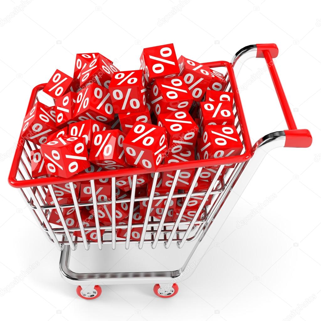 Shopping cart with red cubes with percent.