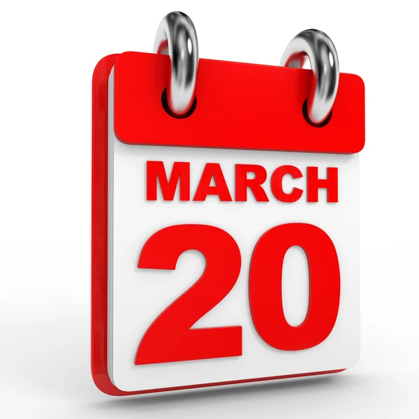 20 marca kalendarz na białym tle. — Zdjęcie stockowe