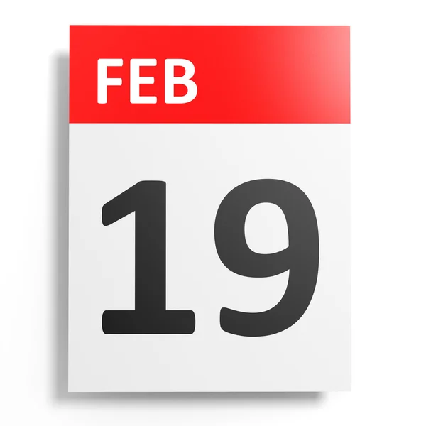 Kalendář na bílém pozadí. 19. února. — Stock fotografie