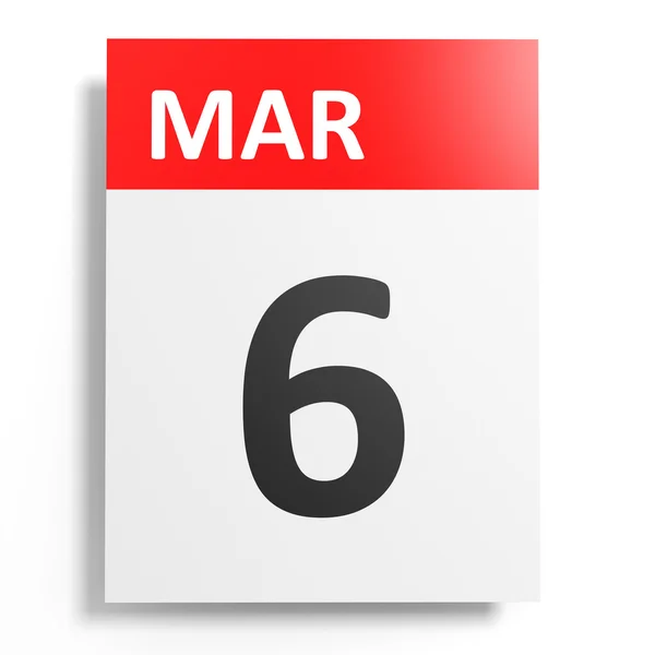 Calendario su sfondo bianco. 6 marzo . — Foto Stock