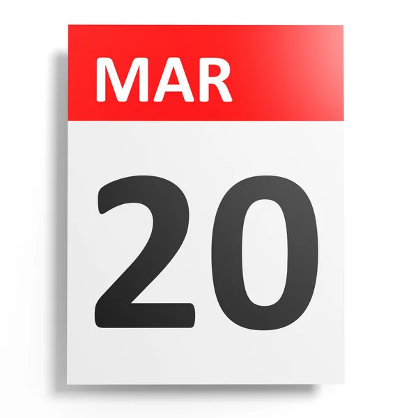 Calendario sobre fondo blanco. 20 de marzo . — Foto de Stock