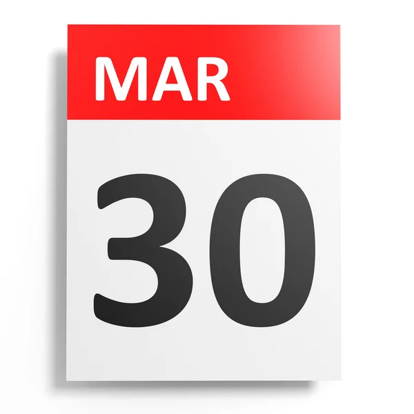 Kalendář na bílém pozadí. 30. března. — Stock fotografie