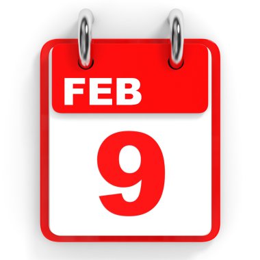 Takvim beyaz arka plan üzerinde. 9 Şubat. 