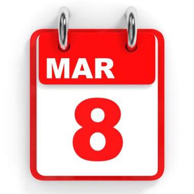Takvim beyaz zemin üzerinde. 8 Mart. 