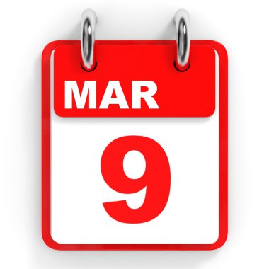 Takvim beyaz zemin üzerinde. 9 Mart. 