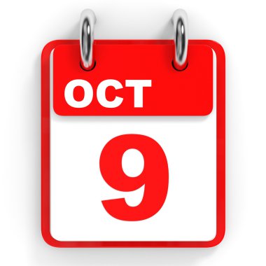 Takvim beyaz arka plan üzerinde. 9 Ekim. 