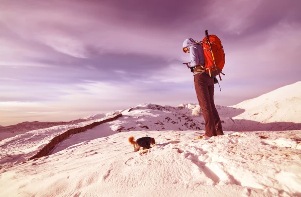 Kvinnliga vandrare med sin hund — Stockfoto