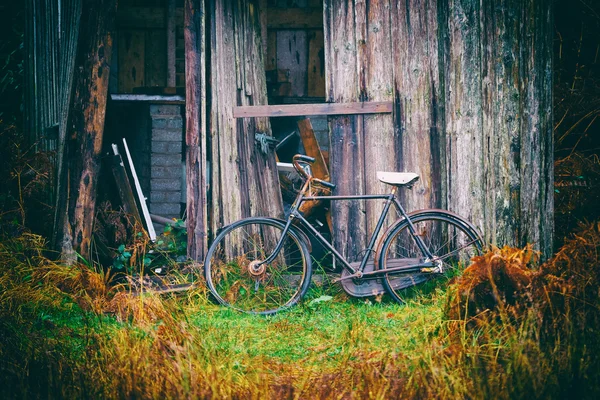 Bike at a ruined shack — Stock Photo, Image