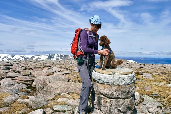 Hiker and her dog on the Summit — Stock Photo, Image