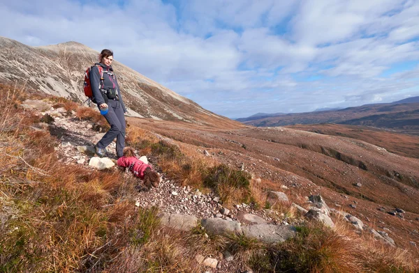 Hiker and dog in the Scottish Highlands. — Stock Photo, Image