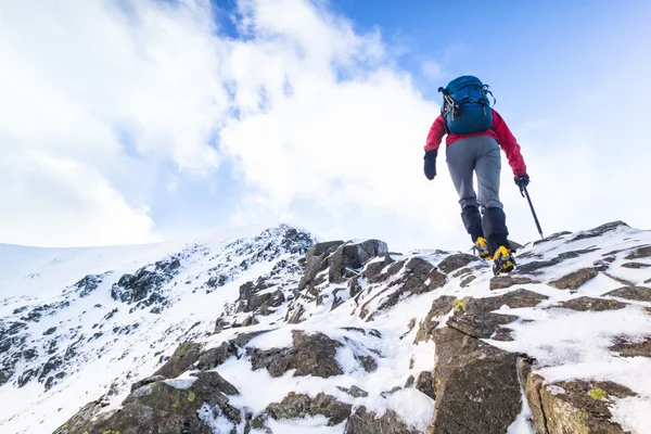 Un escalador ascendiendo una cresta cubierta de nieve — Foto de Stock