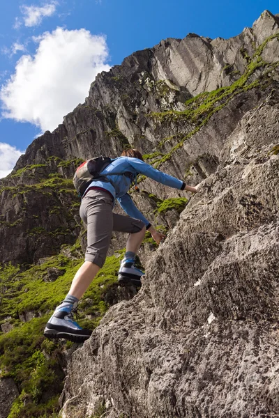 Bergsteigerin kraxelt auf Felsen hoch — Stockfoto
