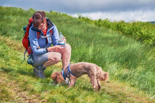 Una mujer paseando con su perro — Foto de Stock