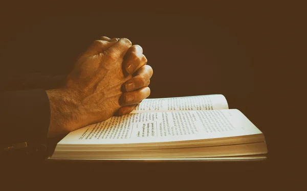 Hombre rezando en la sagrada Biblia — Foto de Stock