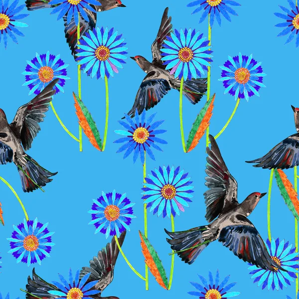 Kwiaty Łąki Ptakiem Jaskółki Malowanie Akwarelą Płynny Wzór Niebieskim Tle — Zdjęcie stockowe