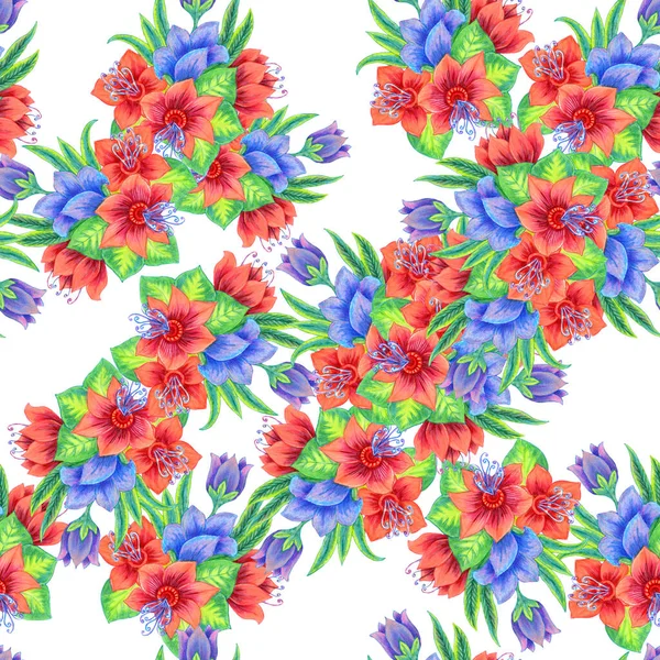 Bloemen Met Bladeren Schilderen Aquarel Bloemsamenstelling Naadloos Patroon Witte Achtergrond — Stockfoto