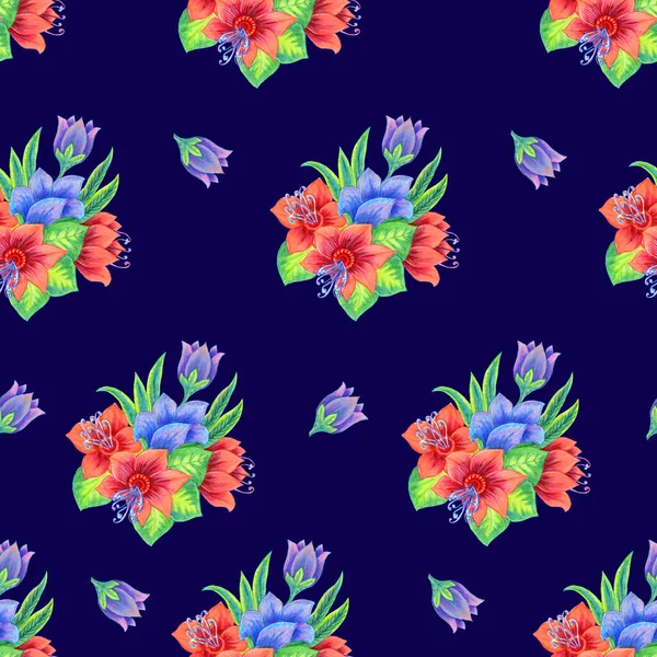 Flowers with leaves painting in watercolor. Floral composition. Seamless pattern on violet background.