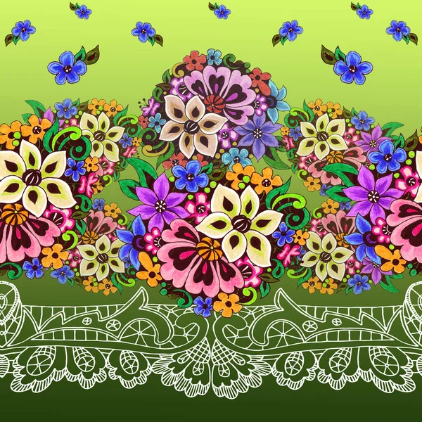 Dekoracyjne Kwiaty Projektowania Białe Ażurowe Ozdoby Kwiatami Limonkowym Zielonym Tle — Zdjęcie stockowe