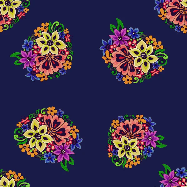 Декоративні Квіти Дизайну Квітковий Безшовний Візерунок Темно Синьому Фоні — стокове фото