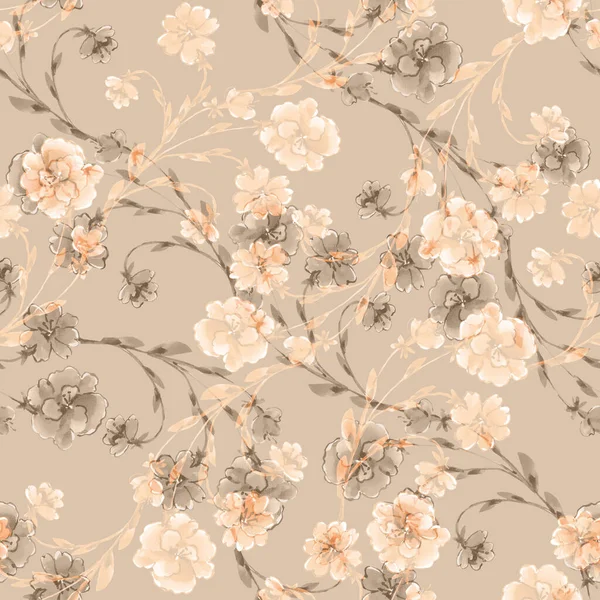 Watercolor branch flowers on beige background. Floral seamless pattern  for decorations.