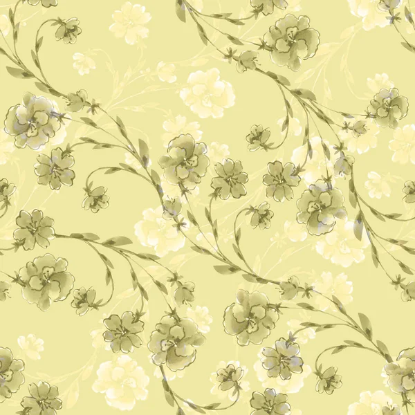 Watercolor Branch Flowers Lime Green Background Floral Seamless Pattern Decorations — Stock Photo, Image