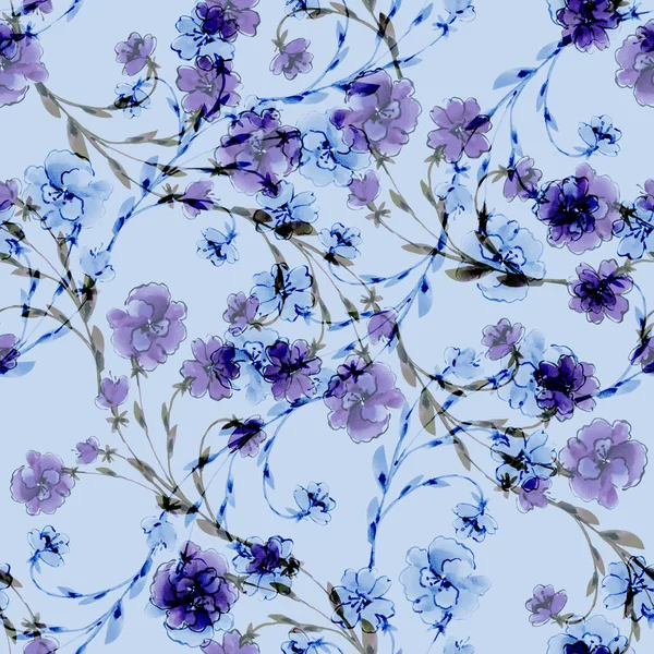 Aquarela Ramo Flores Fundo Azul Padrão Sem Costura Floral Para — Fotografia de Stock