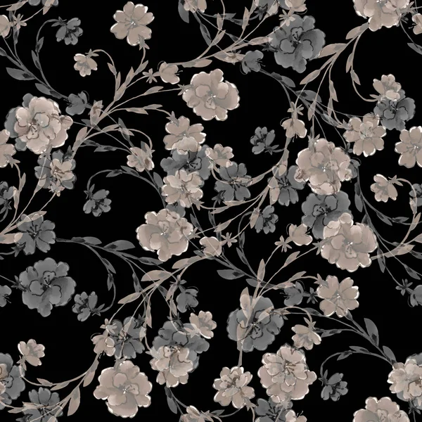 Watercolor Branch Flowers Black Background Floral Seamless Pattern Decorations — Stock Photo, Image