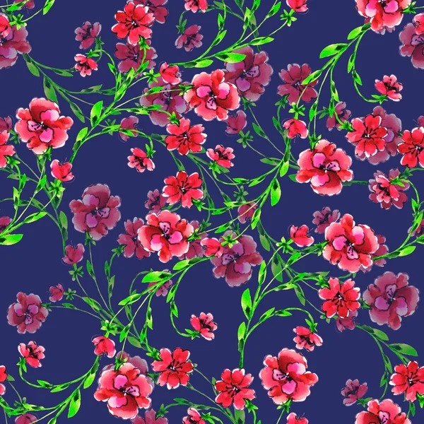 濃い青の背景に水色の枝花を咲かせます 装飾のための花シームレスパターン — ストック写真