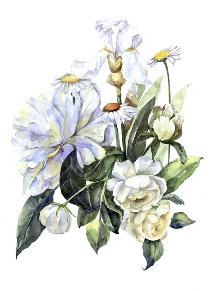 Trädgård Vita Blommor Pion Iris Kamomill Och Ros Målning Akvarell — Stockfoto