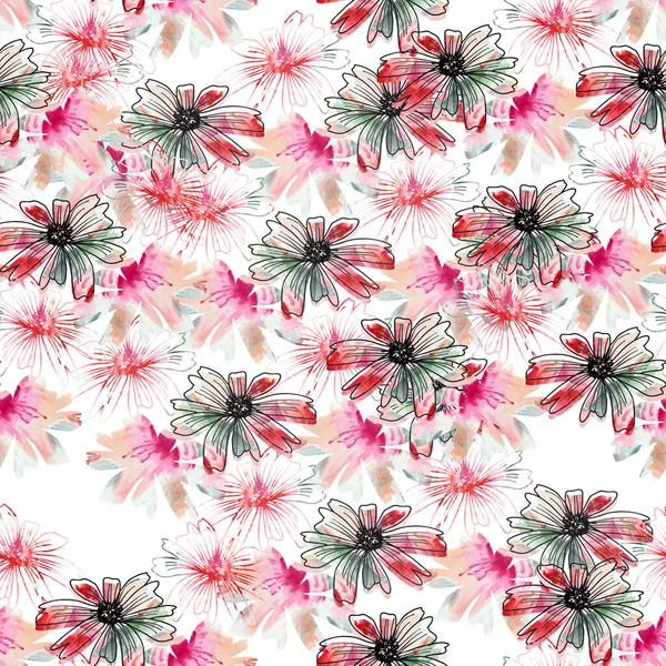 Dekorative Blumen Mit Aquarellspritzern Zur Gestaltung Nahtloses Muster Auf Weißem — Stockfoto