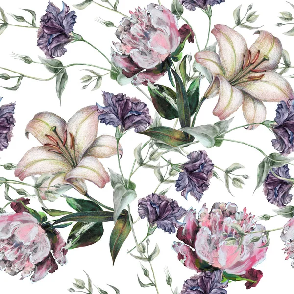 Virágok Liliom Bazsarózsa Rózsa Levelek Festett Akvarell Zökkenőmentes Minta Fehér — Stock Fotó