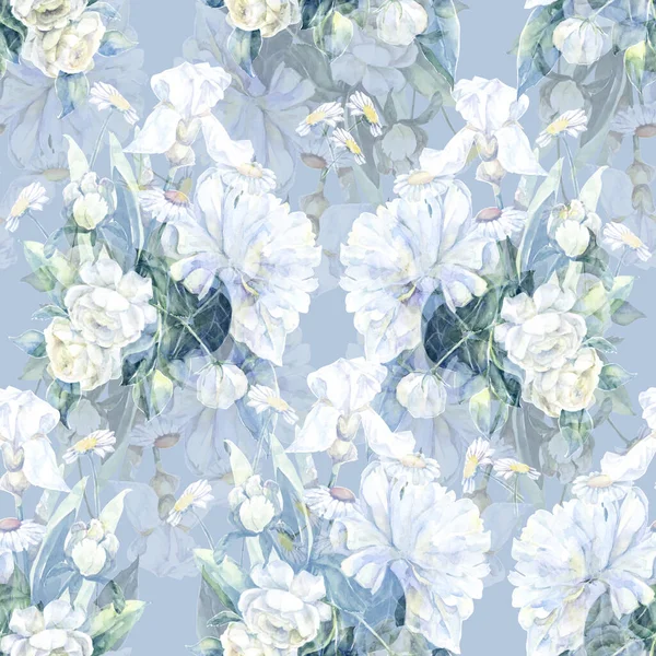 Fehér Virágok Levelekkel Festve Akvarellben Esküvői Kompozíció Csokor Fehér Virágok — Stock Fotó