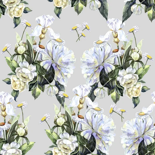 White flowers with leaves painting in watercolor. Wedding composition. Bouquet white flowers peony, rose, chamomile and iris. Seamless pattern on gray background.