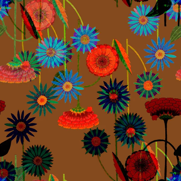 Blumen Mit Blättern Zeichnen Farbstiften Dekorative Florale Element Für Die — Stockfoto