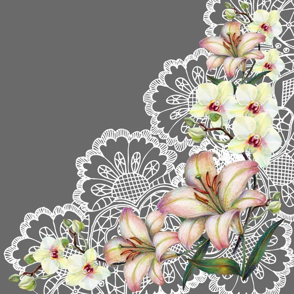 Watercolor Different Flowers Background White Openwork Orchid Lily Gray Background — Stock Photo, Image