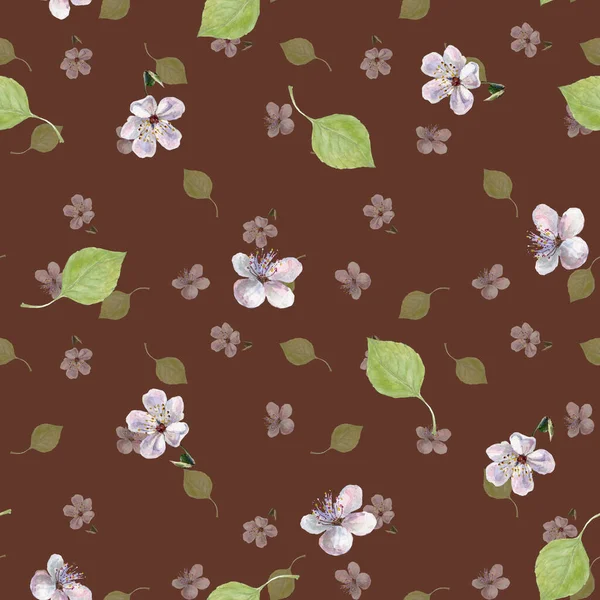 Blommor Med Blad Målning Akvarell Vårsammansättning Sömlöst Mönster Brun Bakgrund — Stockfoto