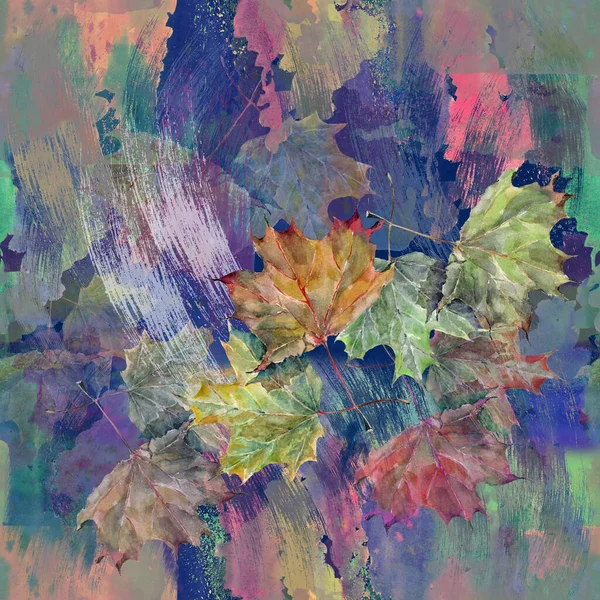 Suluboya Suluboya Yapraklar Sonbahar Kompozisyonu Renkli Arkaplanda Pürüzsüz Desen — Stok fotoğraf