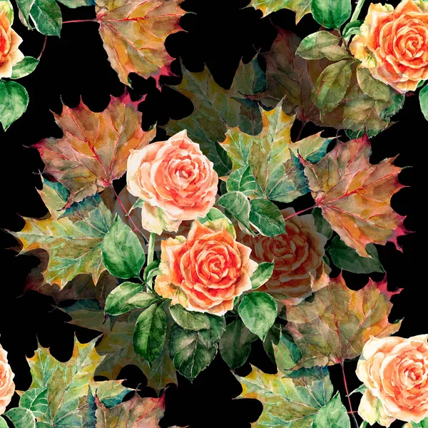 Seamless Pattern Watercolor Leaves Orange Roses Branch Tree Maple Black — Stock Photo, Image