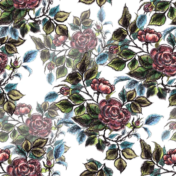Fleurs Rose Avec Des Feuilles Dessin Crayon Couleur Composition Florale — Photo
