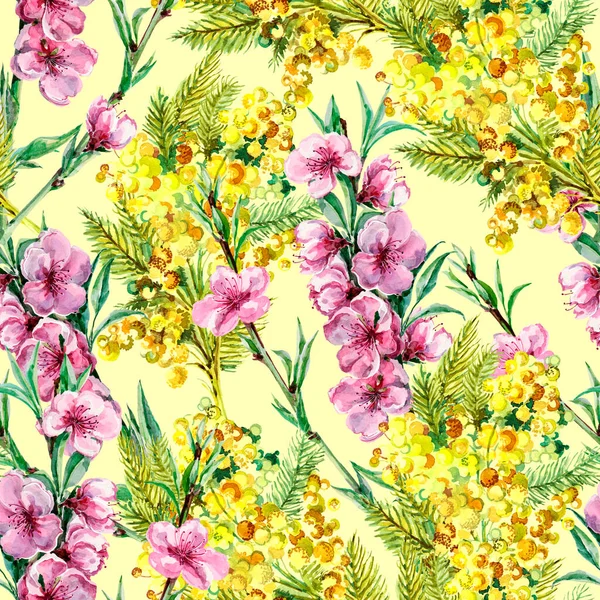 Frühlingsblumen Mimosen Mit Blumen Pfirsichmalerei Aquarell Nahtloses Muster Auf Gelbem — Stockfoto