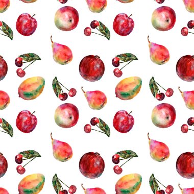 Beyaz arka planda suluboya farklı meyveler. Elma, armut, mango, kirazlı erik. Dekorasyonlar için kusursuz desen.