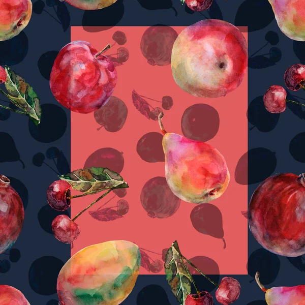 白色背景的水色不同的水果 樱桃与框架 装饰用无缝图案 — 图库照片