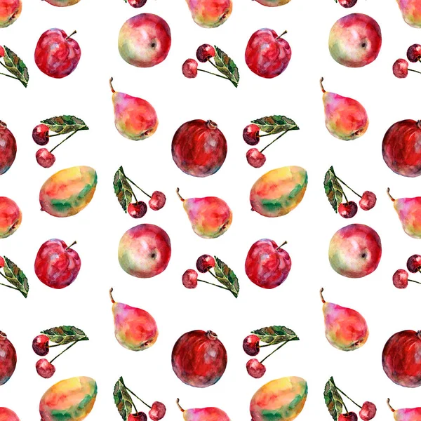 Beyaz arka planda suluboya farklı meyveler. Elma, armut, mango, kirazlı erik. Dekorasyonlar için kusursuz desen.