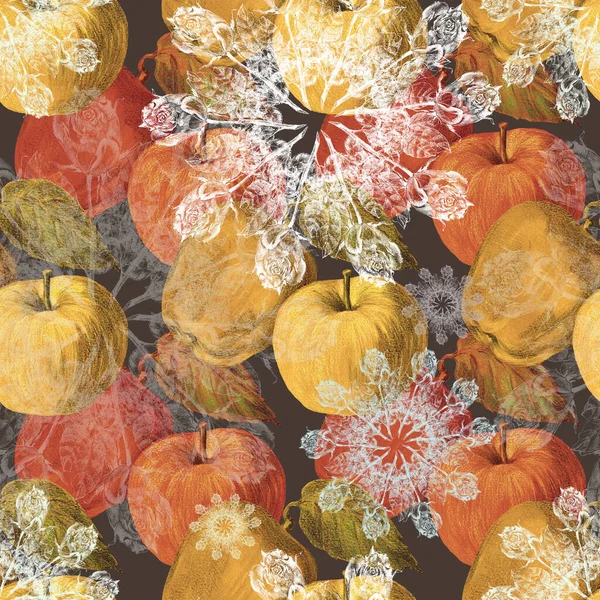 Pomme Avec Feuilles Dessin Crayon Couleur Composition Automne Modèle Sans — Photo