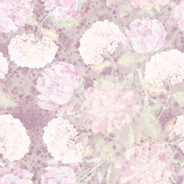 Renkli kalemlerle çizilmiş ortanca çiçekli şakayık çiçekleri. Tatil kompozisyonu. Pembe arka planda pürüzsüz desen.