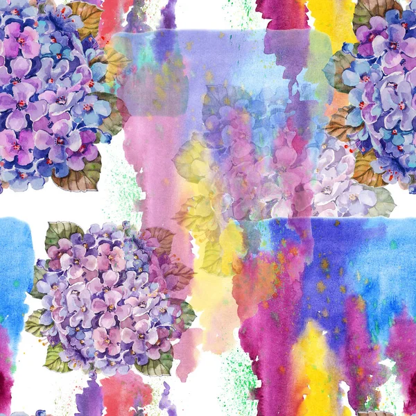 Flowers Hydrangea Watercolor Splash Seamless Pattern White Background — Stock Photo, Image