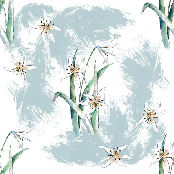 Kerti Virágok Fehér Liliom Festmény Akvarell Virágos Varrat Nélküli Minta — Stock Fotó
