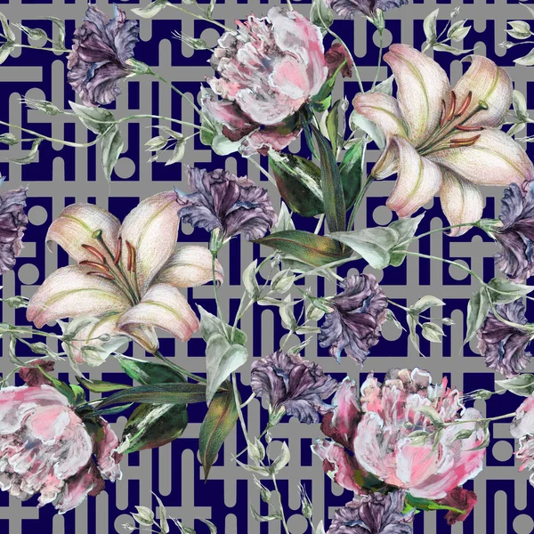 Λουλούδια Κήπου Παιώνια Κρίνα Και Ιριδίζουσα Ζωγραφική Τριαντάφυλλου Ακουαρέλα Floral — Φωτογραφία Αρχείου