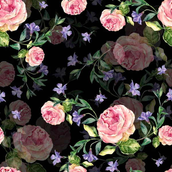 Garden Flowers Rose Periwinkle Painting Watercolor Floral Seamless Pattern Black — Stock Photo, Image