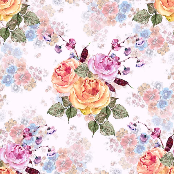 Garden Flowers Rose Flower Haricot Painting Watercolor Floral Seamless Pattern — Stock Photo, Image